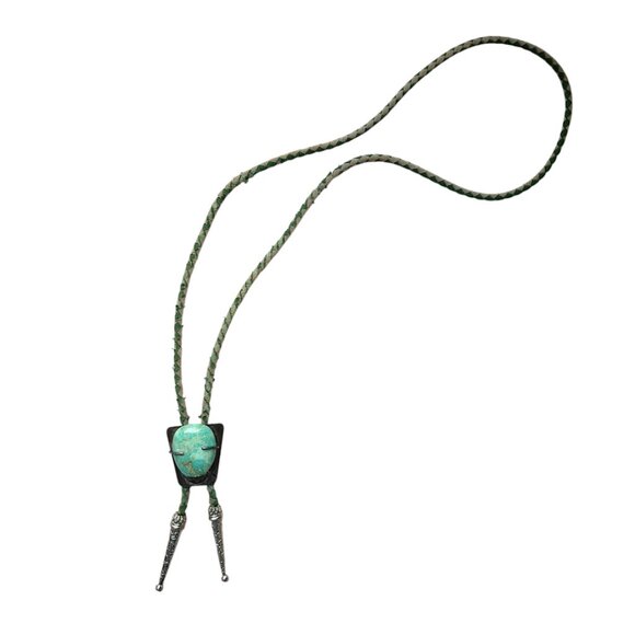 VINTAGE Southwestern Bolo Tie Green Turquoise Stone Braided Leather Silver - Picture 1 of 8